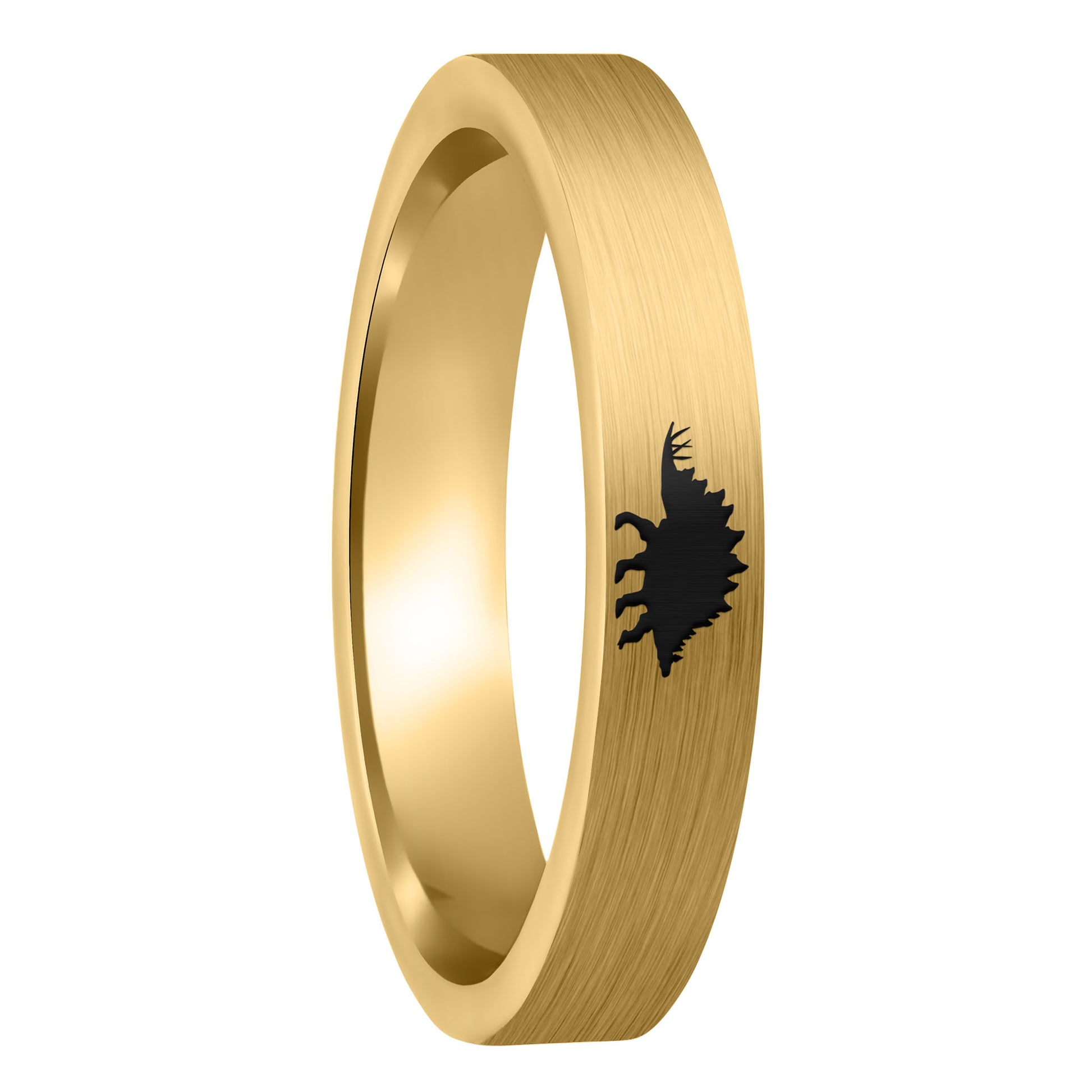 A stegosaurus dinosaur brushed gold tungsten women's wedding band displayed on a plain white background.