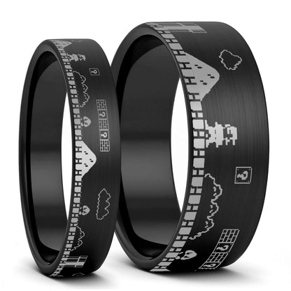 Ensemble d'alliances assorties pour couple en tungstène noir brossé Super Mario Bros