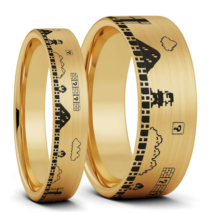 Ensemble d'alliances assorties pour couple en tungstène noir brossé Super Mario Bros