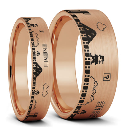 Ensemble d'alliances assorties pour couple en tungstène noir brossé Super Mario Bros
