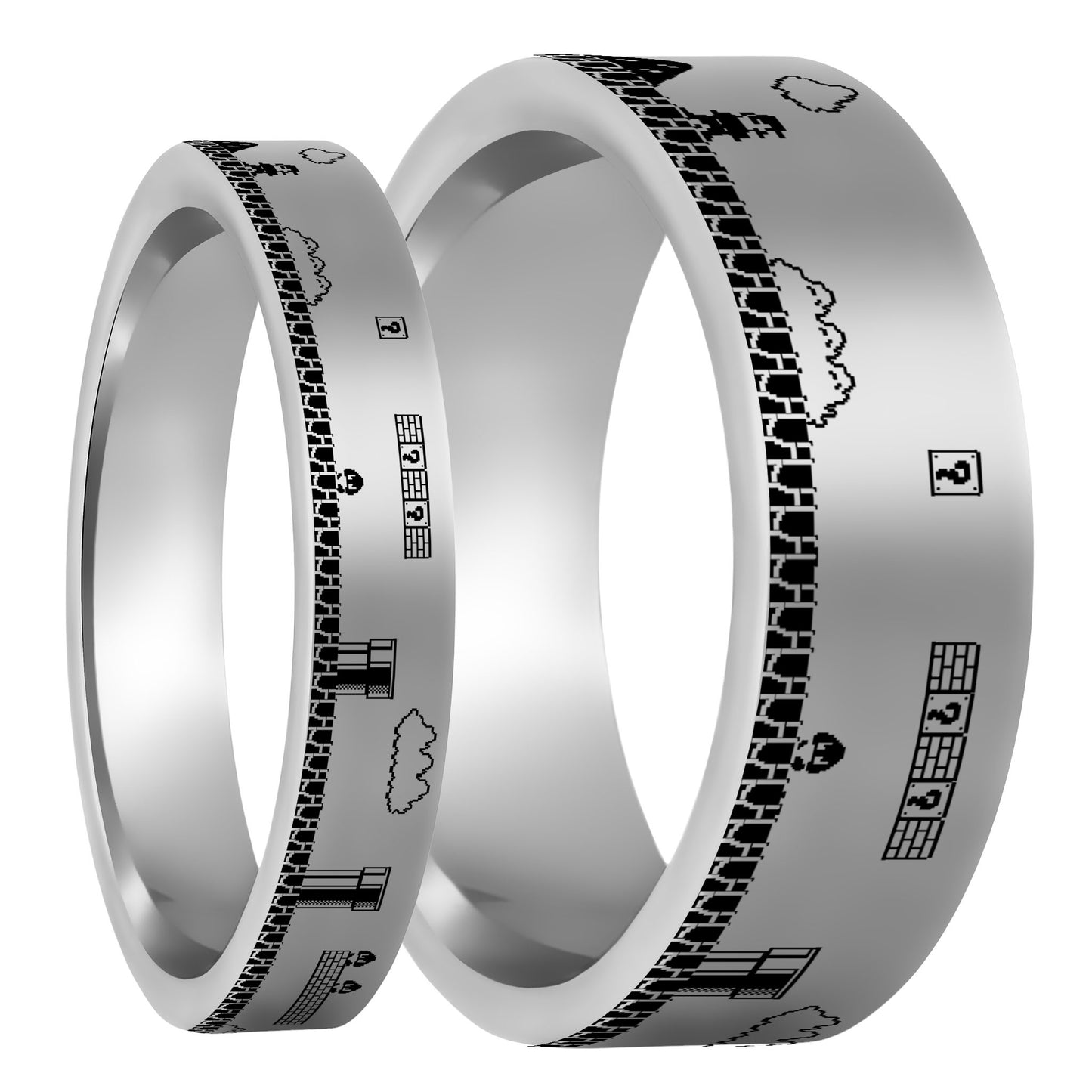 One Super Mario Bros Tungsten Couple's Matching Wedding Band Set displayed on a plain white background