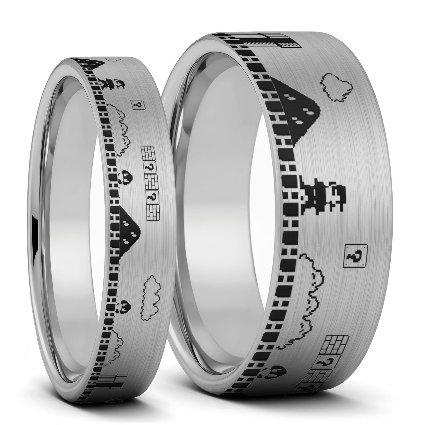 Ensemble d'alliances assorties pour couple en tungstène noir brossé Super Mario Bros