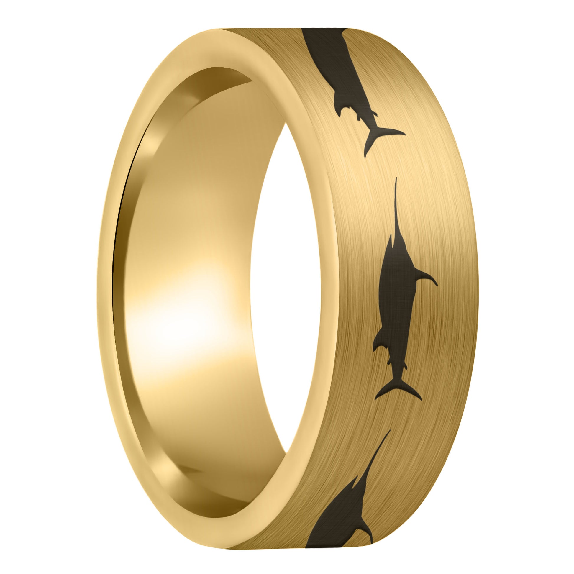 A swordfish brushed gold tungsten men's wedding band displayed on a plain white background.