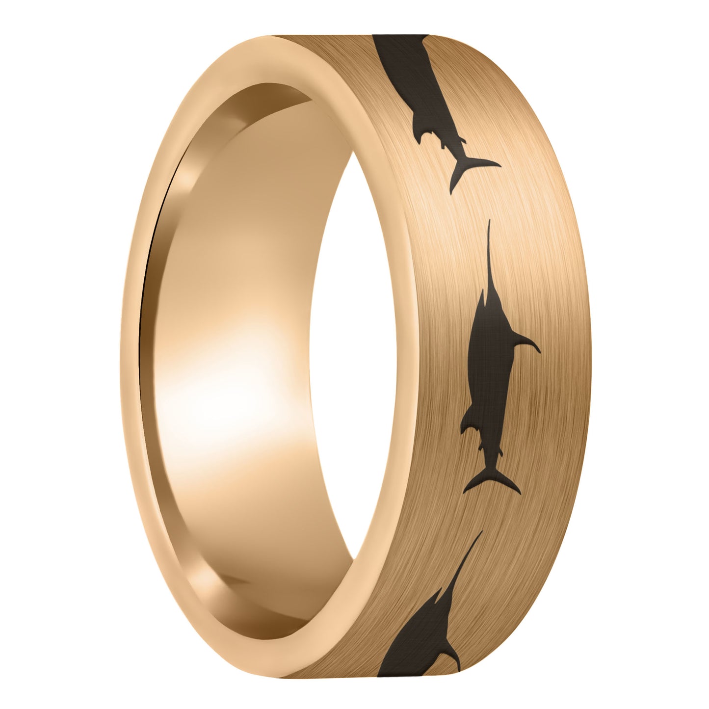 A swordfish brushed rose gold tungsten men's wedding band displayed on a plain white background.