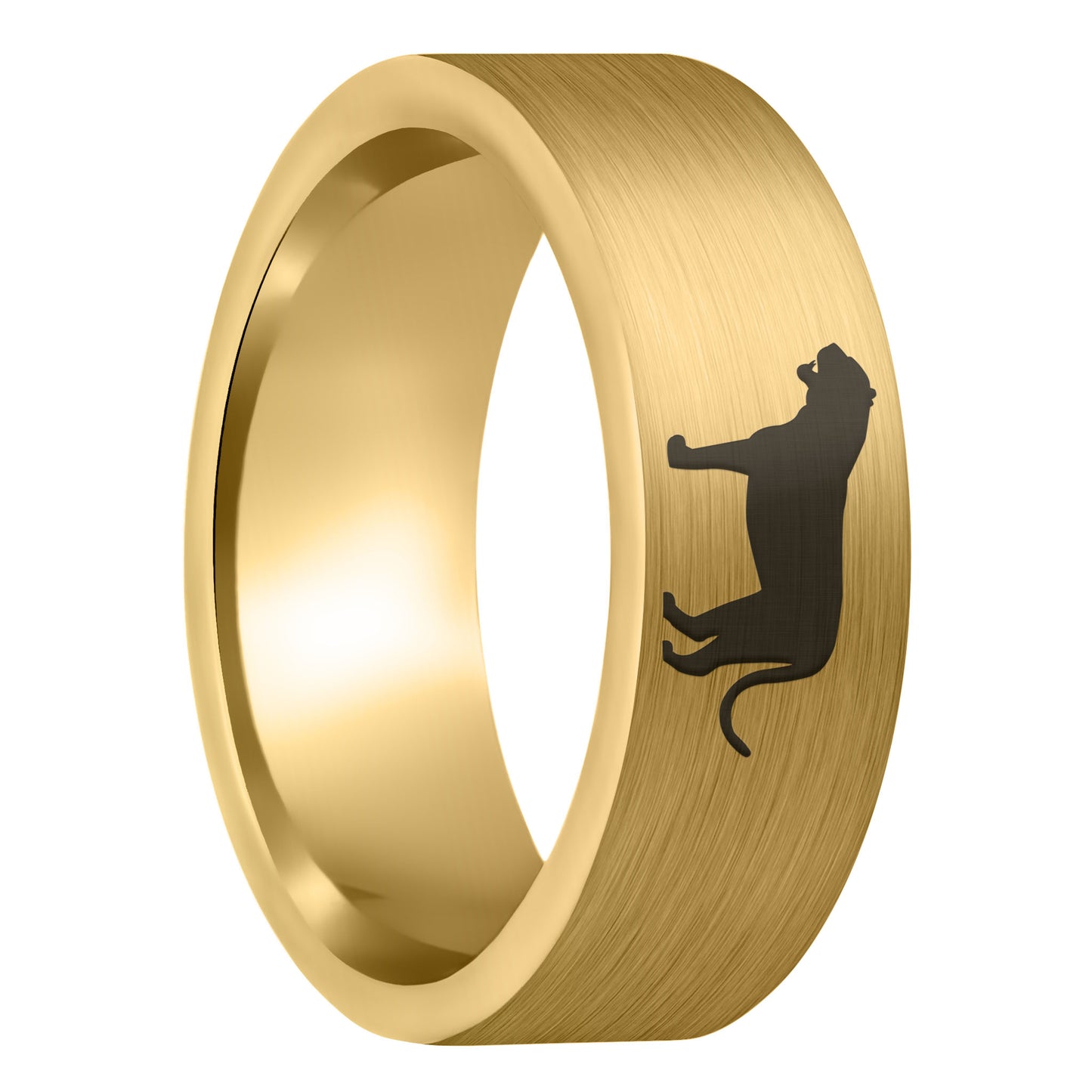 A tiger brushed gold tungsten men's wedding band displayed on a plain white background.
