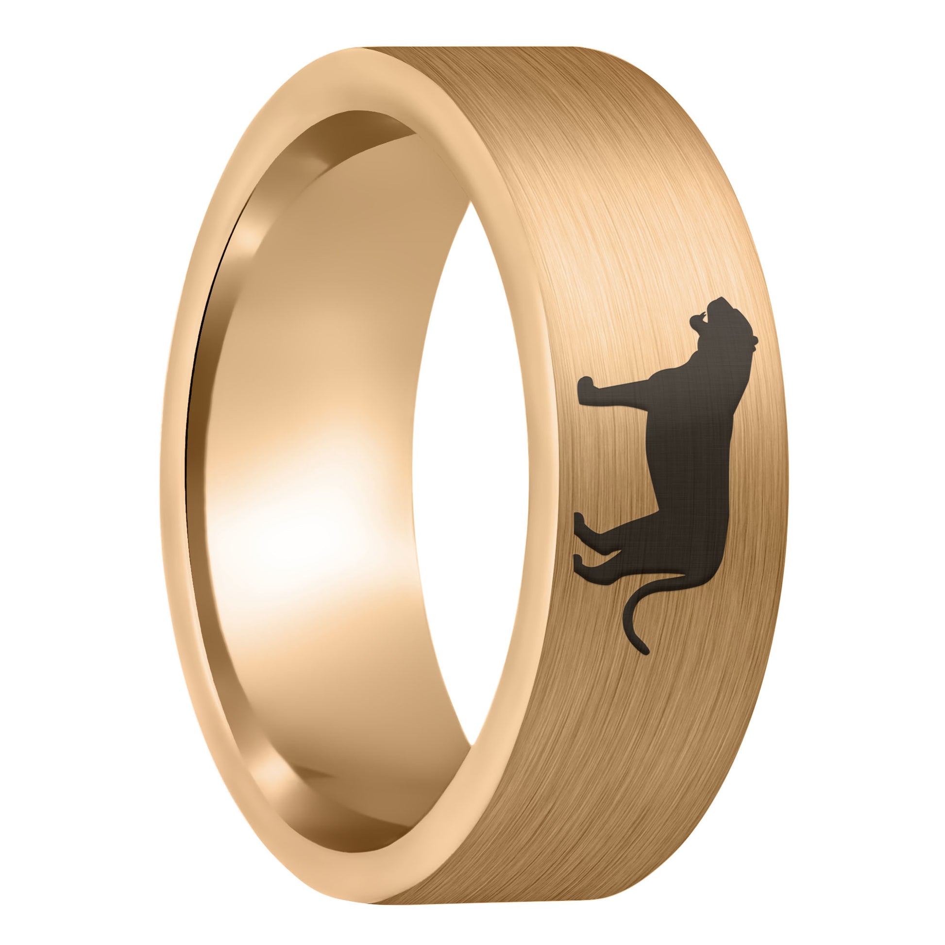 A tiger brushed rose gold tungsten men's wedding band displayed on a plain white background.