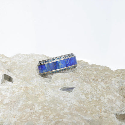 Titanium Men's Wedding Band with Lapis Lazuli Inlay & Blue Diamonds