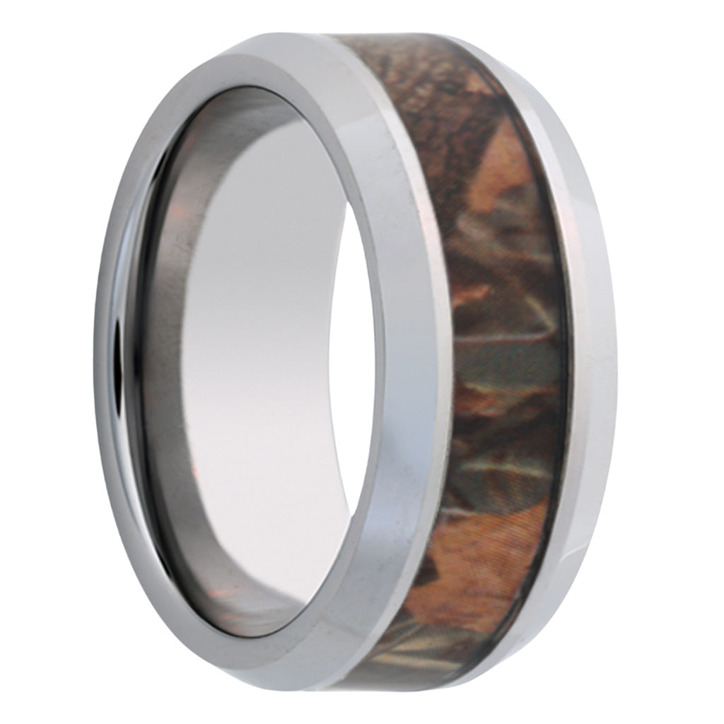 Tree Camo Inlay Titanium Men's Wedding Band with Beveled Edges