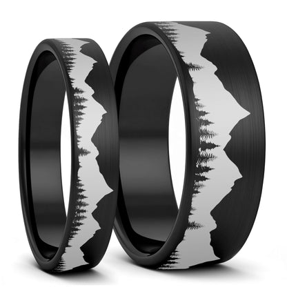 Treeline Mountains Brushed Tungsten Couple's Matching Wedding Band Set
