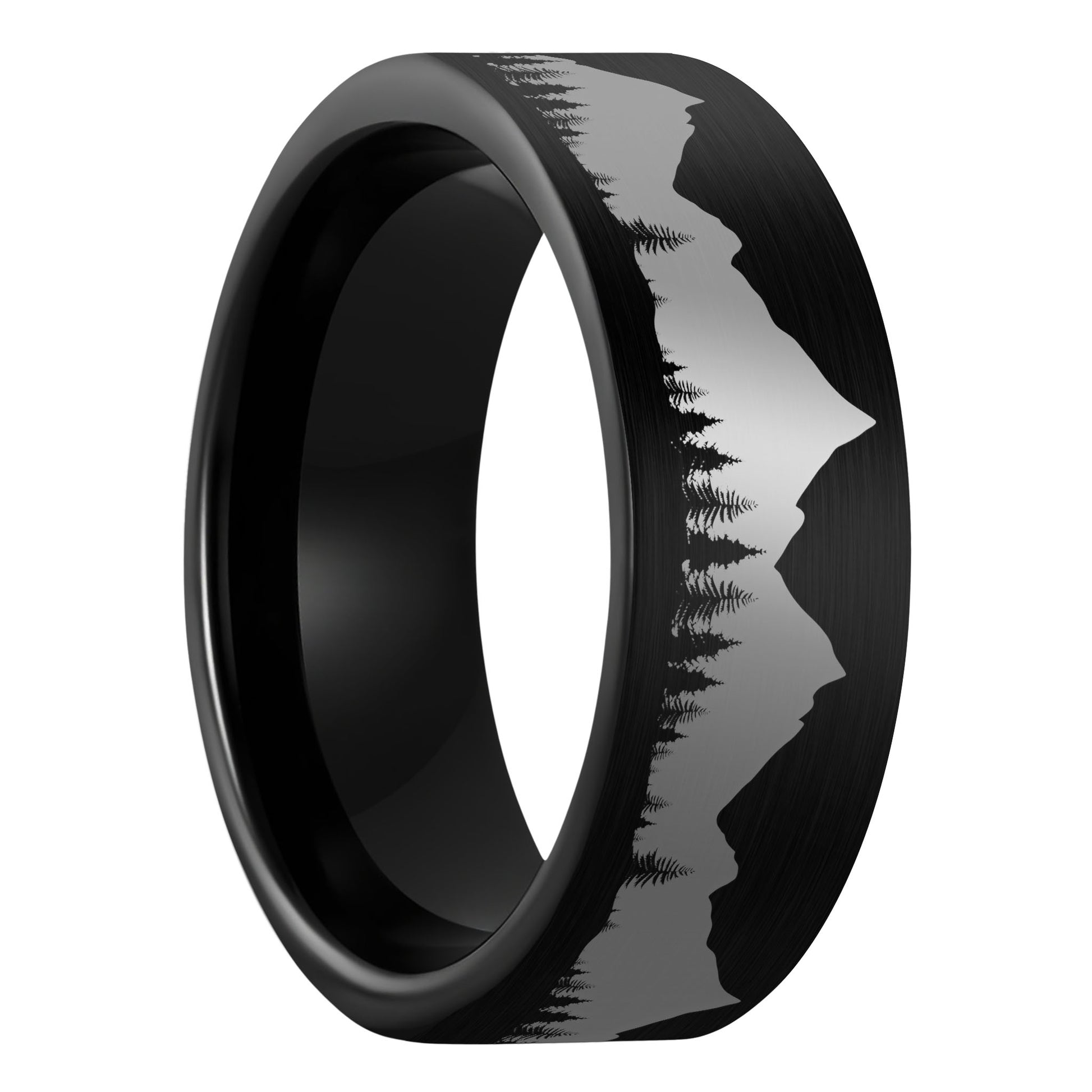 A treeline mountains brushed black tungsten men's wedding band displayed on a plain white background.