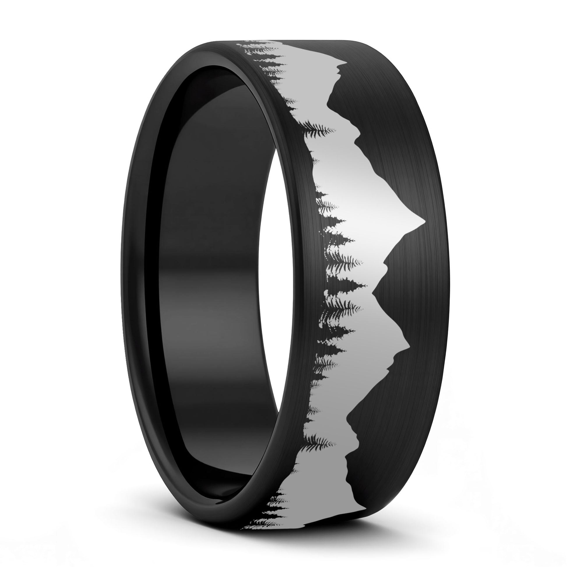 A treeline mountains brushed black tungsten men's wedding band displayed on a plain white background.