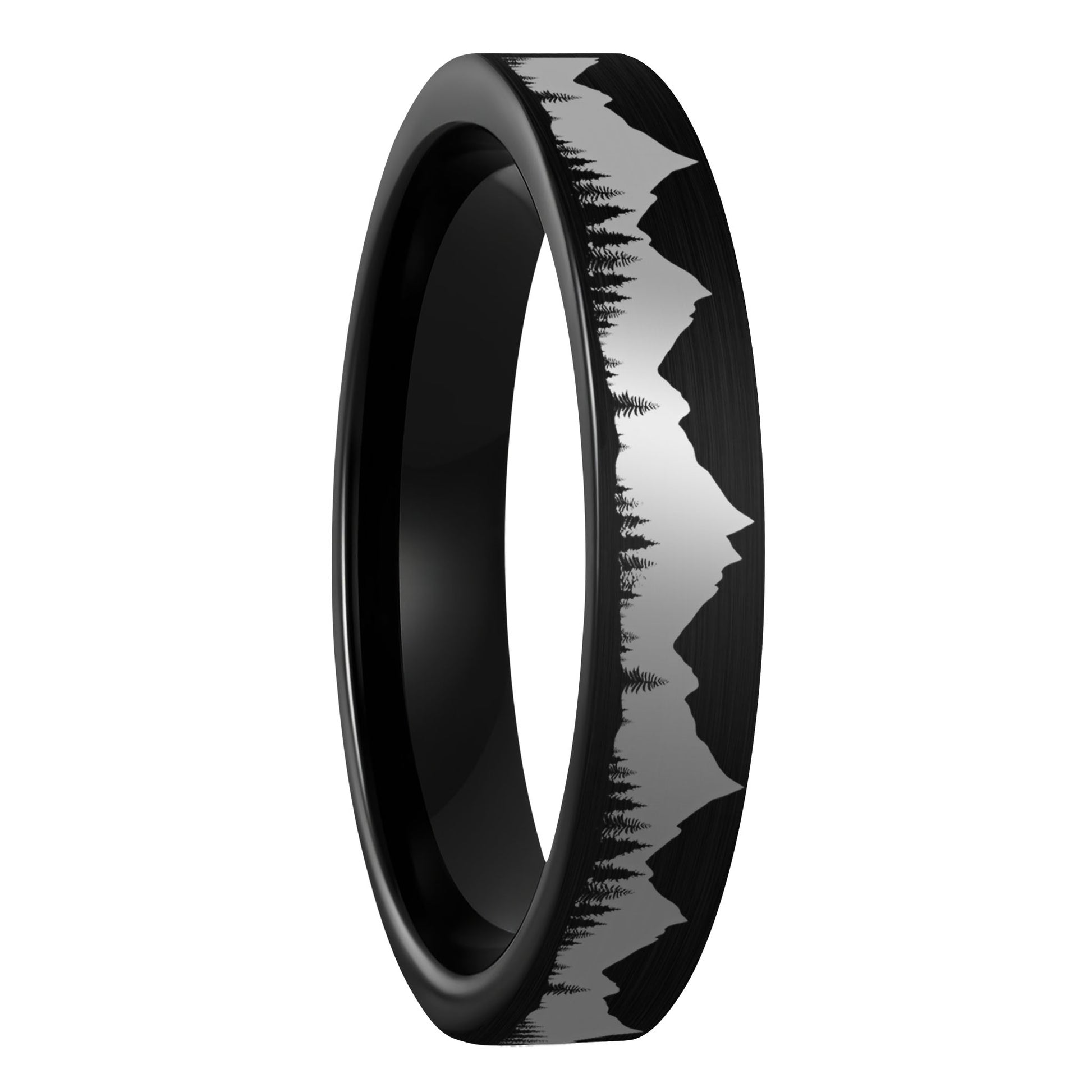 A treeline mountains brushed black tungsten women's wedding band displayed on a plain white background.