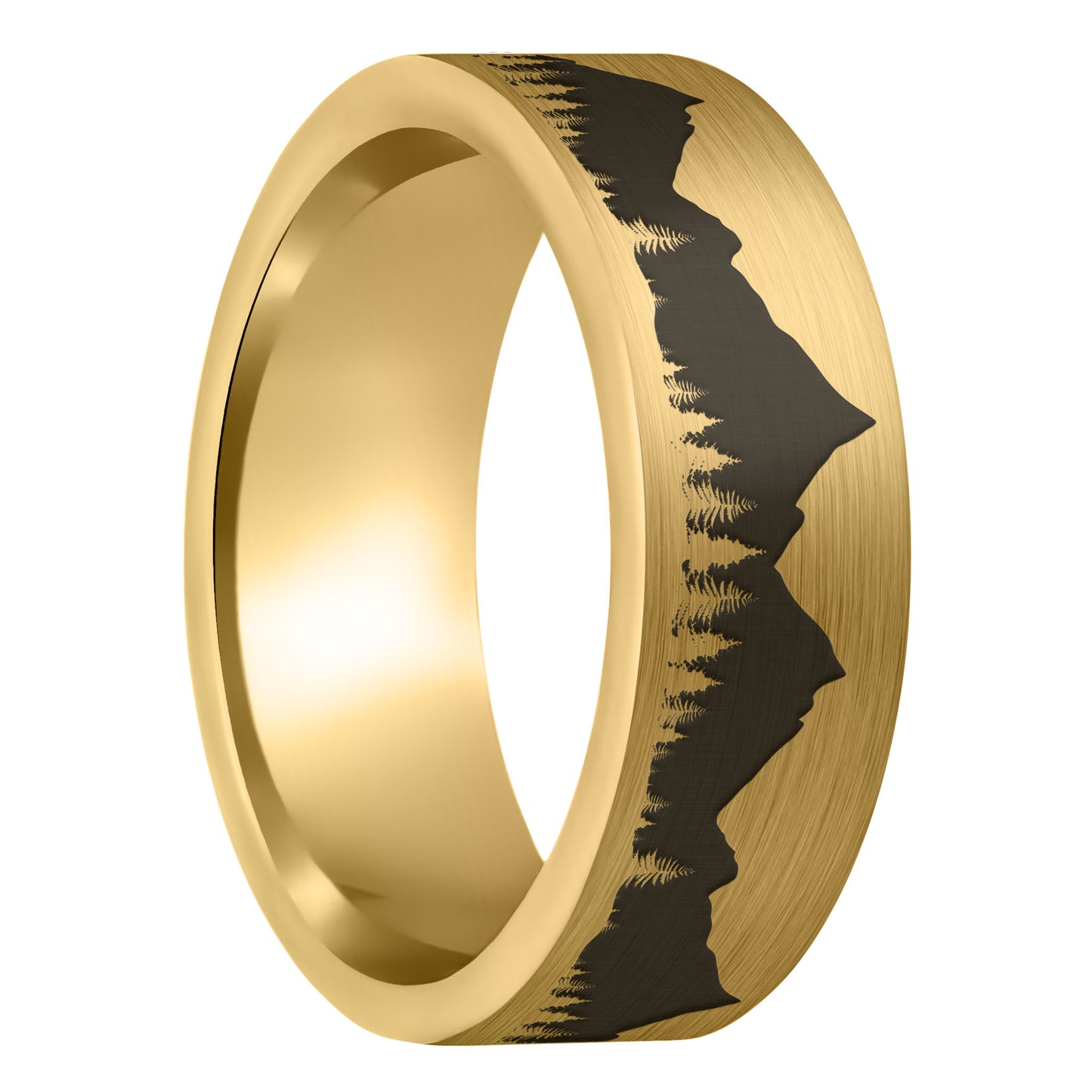 A treeline mountains brushed gold tungsten men's wedding band displayed on a plain white background.
