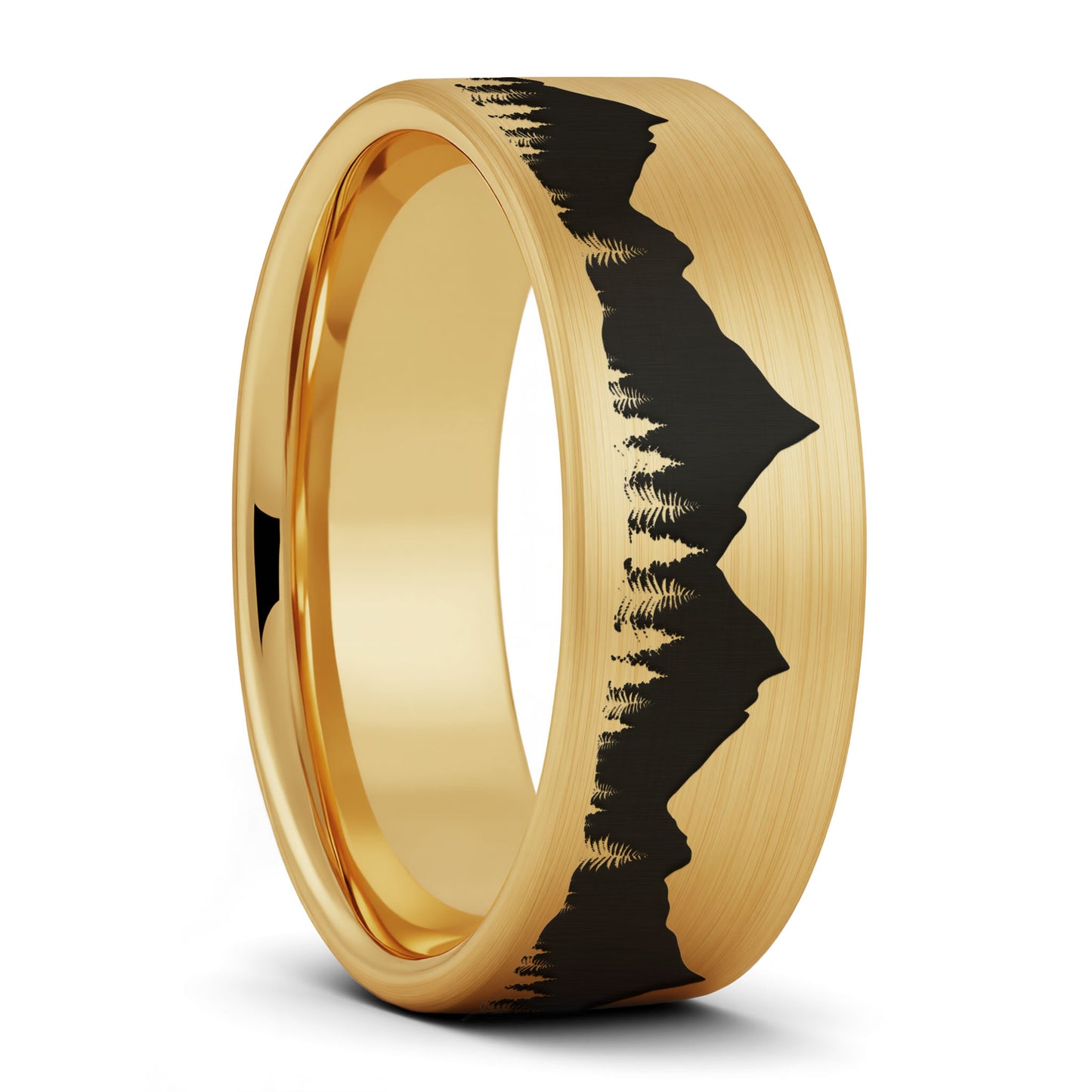 A treeline mountains brushed gold tungsten men's wedding band displayed on a plain white background.