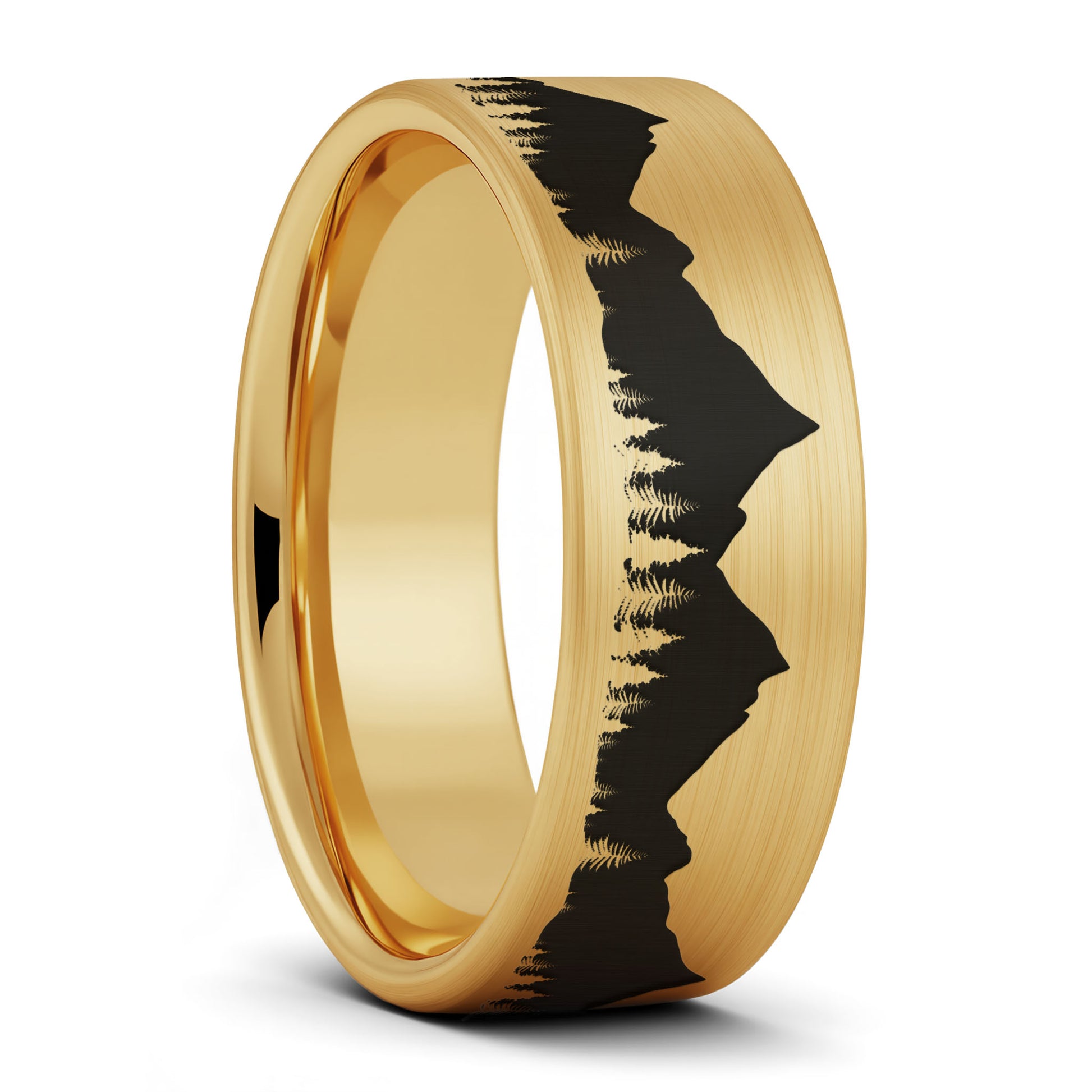 A treeline mountains brushed gold tungsten men's wedding band displayed on a plain white background.