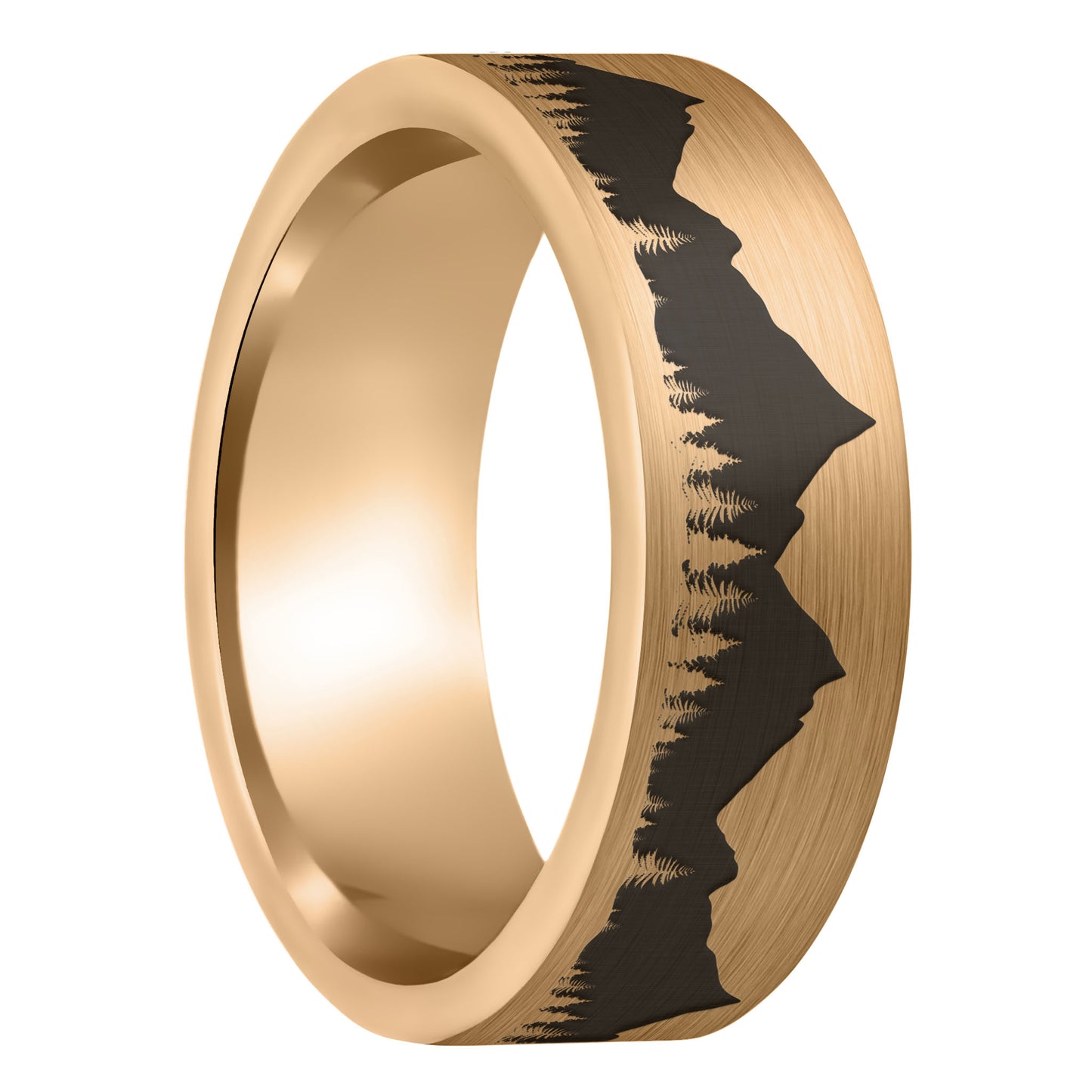 A treeline mountains brushed rose gold tungsten men's wedding band displayed on a plain white background.
