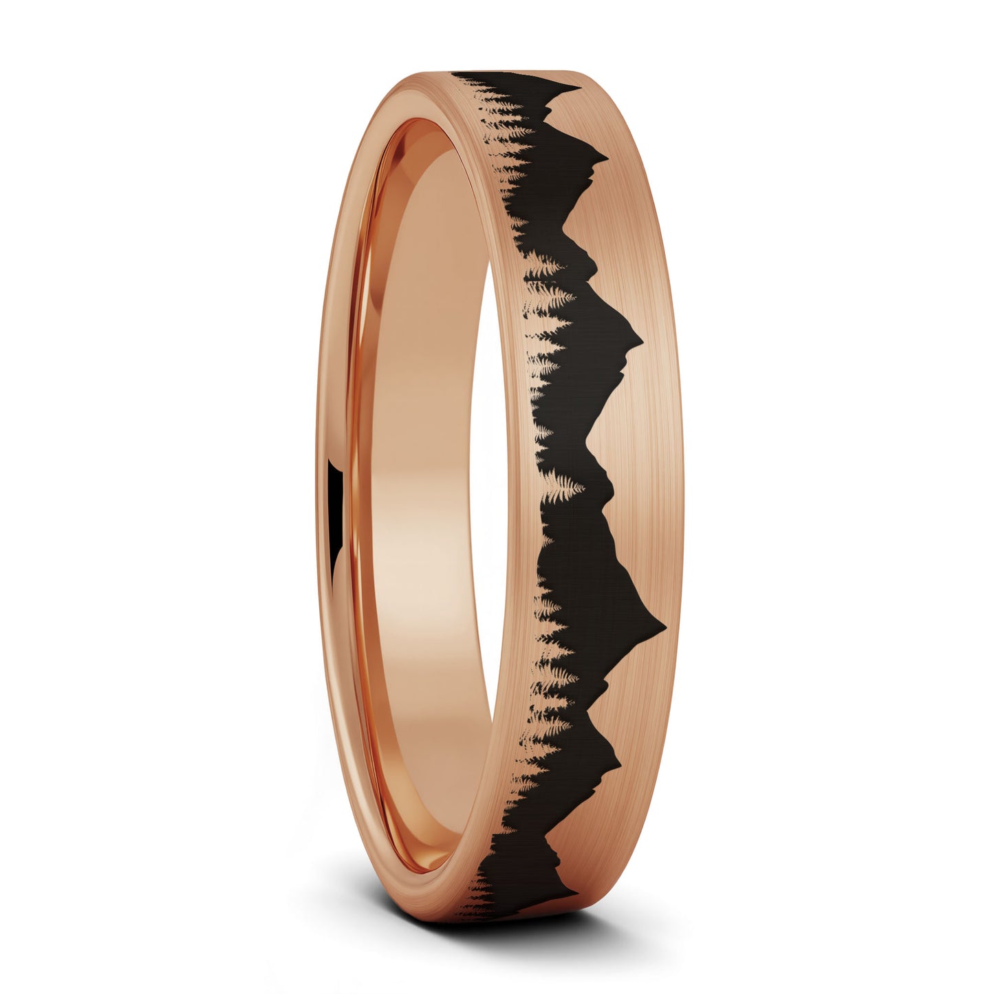 A treeline mountains brushed rose gold tungsten women's wedding band displayed on a plain white background.