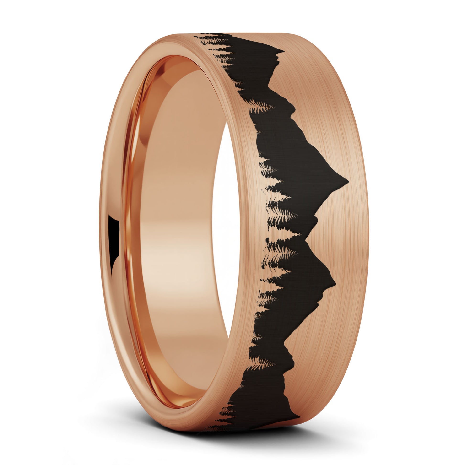 A treeline mountains brushed rose gold tungsten men's wedding band displayed on a plain white background.