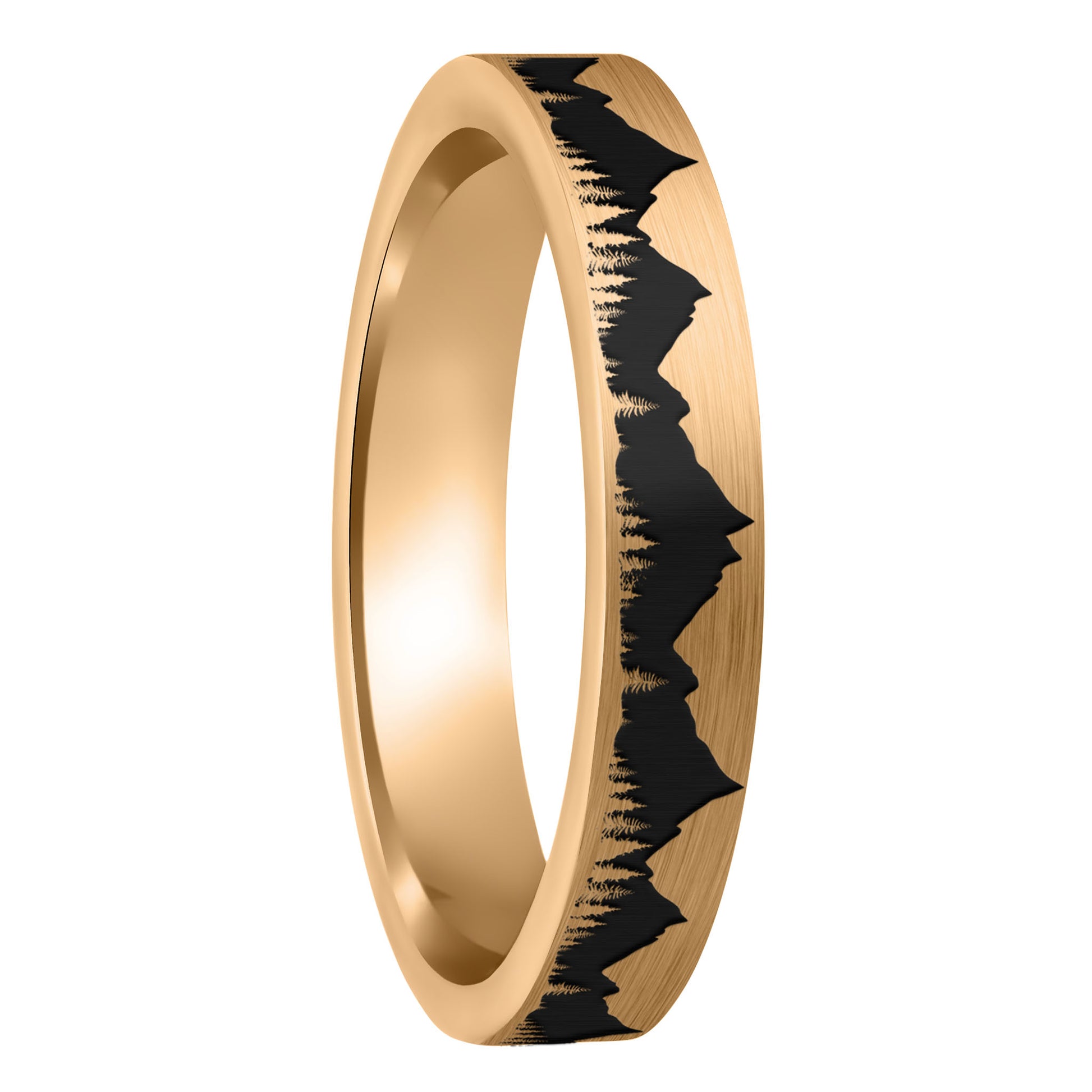 A treeline mountains brushed rose gold tungsten women's wedding band displayed on a plain white background.