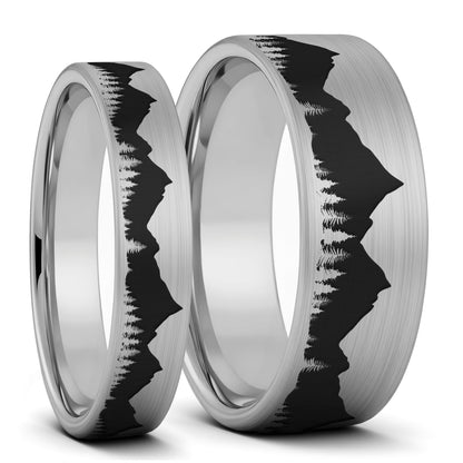 Treeline Mountains Brushed Tungsten Couple's Matching Wedding Band Set