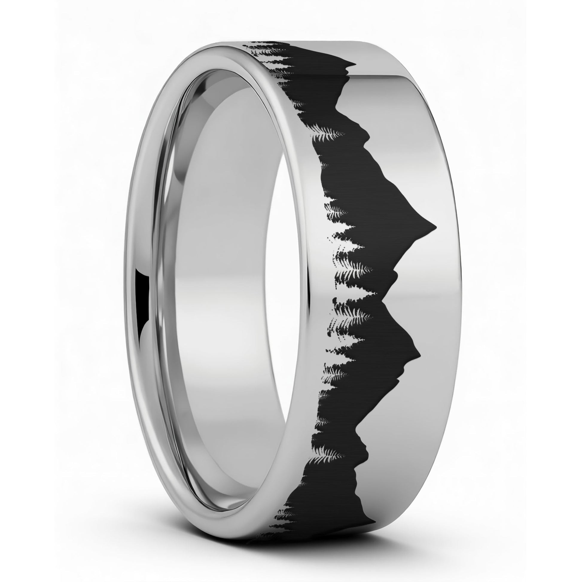 One Treeline & Mountains Tungsten Men's Wedding Band displayed on a plain white background