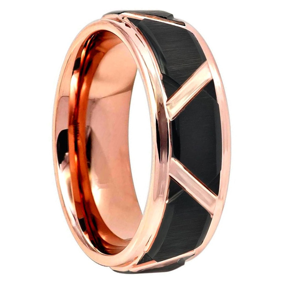 Triangle Grooved Rose Gold Black Tungsten Men's Wedding Band