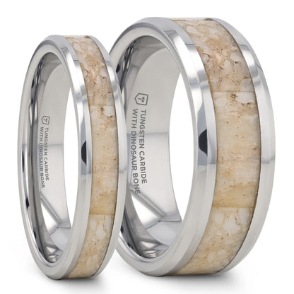 Tungsten Couple's Matching Wedding Band Set with White Dinosaur Bone Inlay