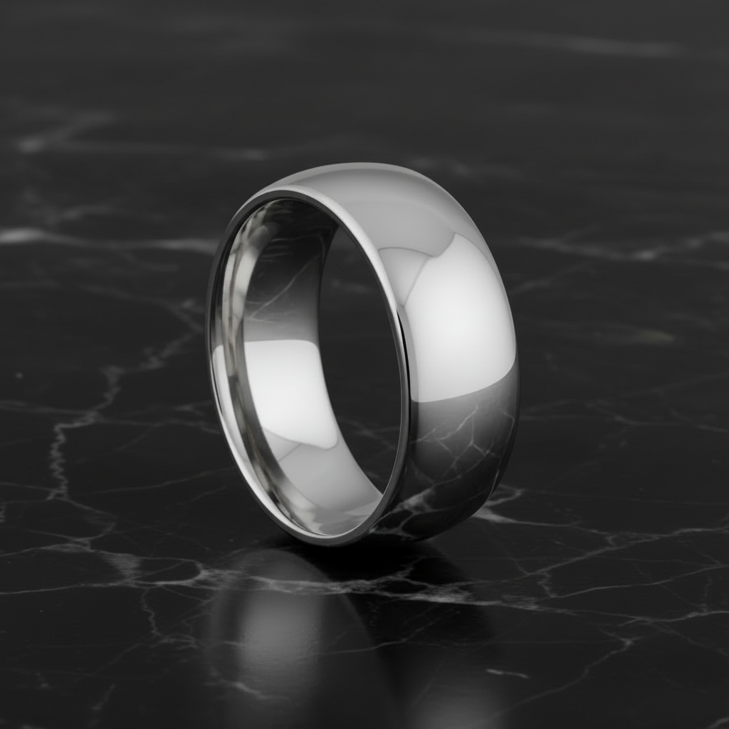 Tungsten ring on a dark marble surface