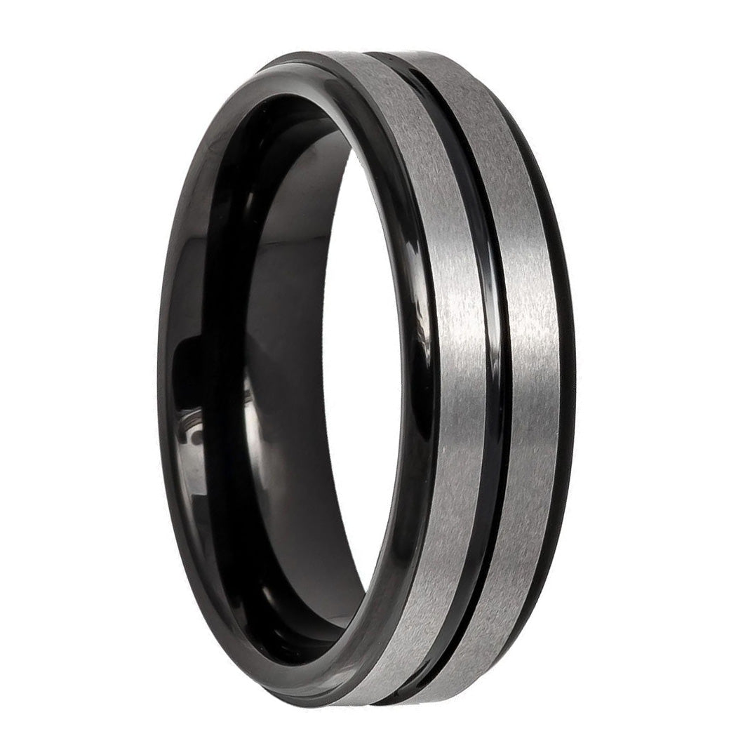 Tungsten Men's Wedding Band with Black Groove & Interior