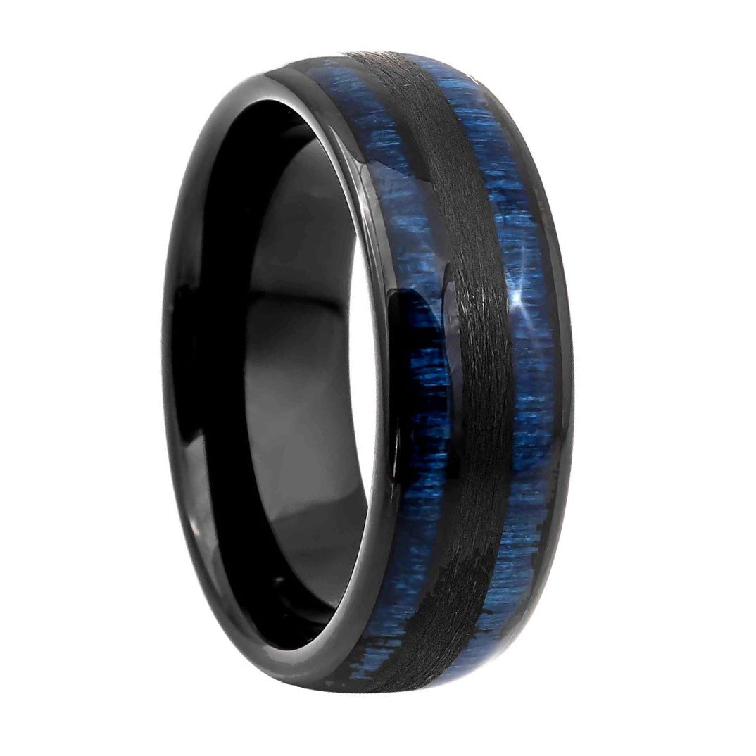 Tungsten Men's Wedding Band with Blue Wood Inlay