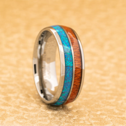 Tungsten Men's Wedding Band with Wood & Opal Inlay