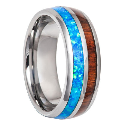 Tungsten Men's Wedding Band with Wood & Opal Inlay