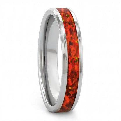 Women's Tungsten Wedding Band with Red Opal Inlay