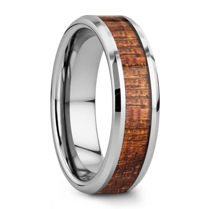 Alianza de boda de tungsteno con incrustaciones de madera de caoba