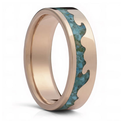 Turquoise Inlaid Ocean Waves 14k Gold Wedding Band