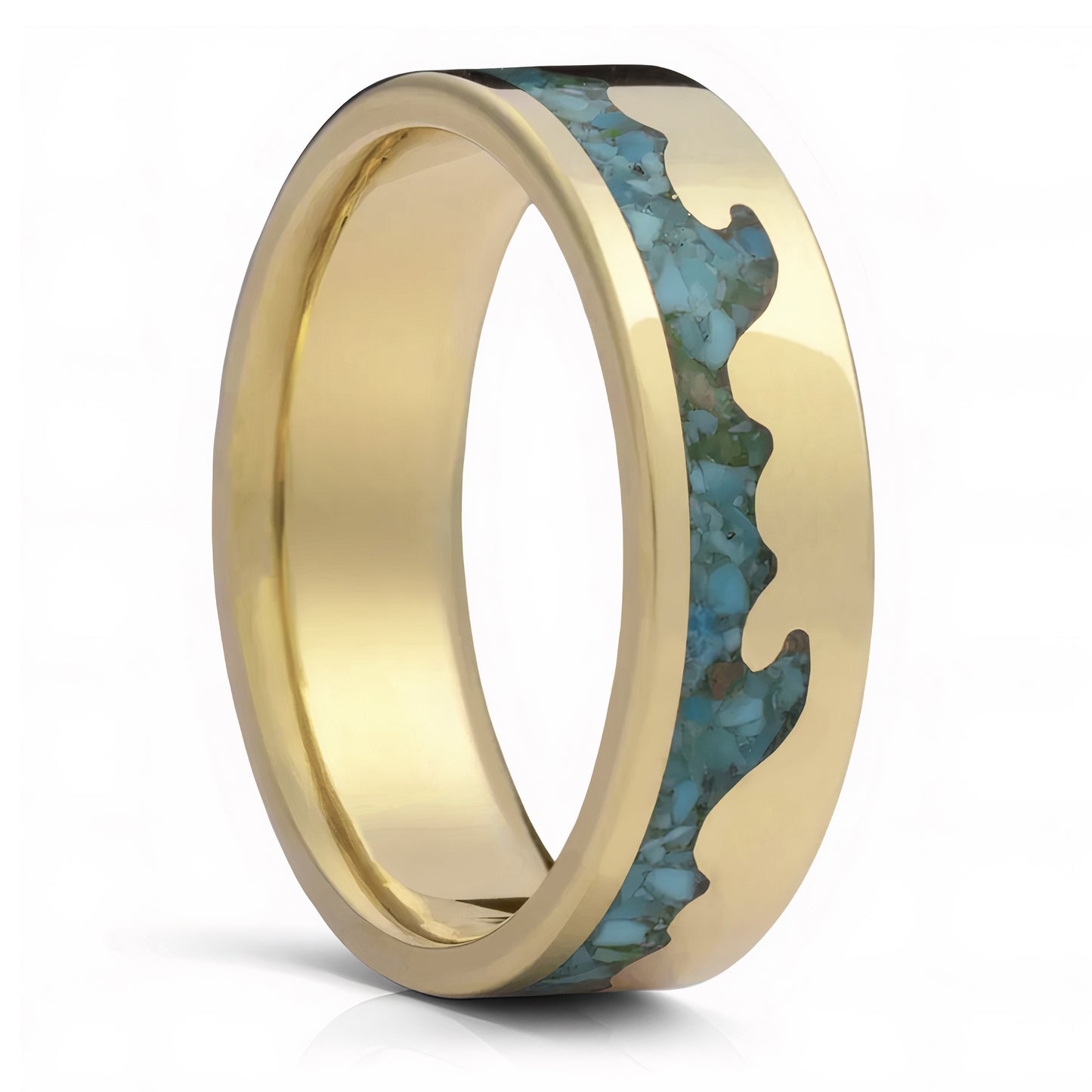 Turquoise Inlaid Ocean Waves 14k Gold Wedding Band