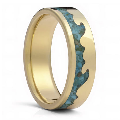 Turquoise Inlaid Ocean Waves 14k Gold Wedding Band