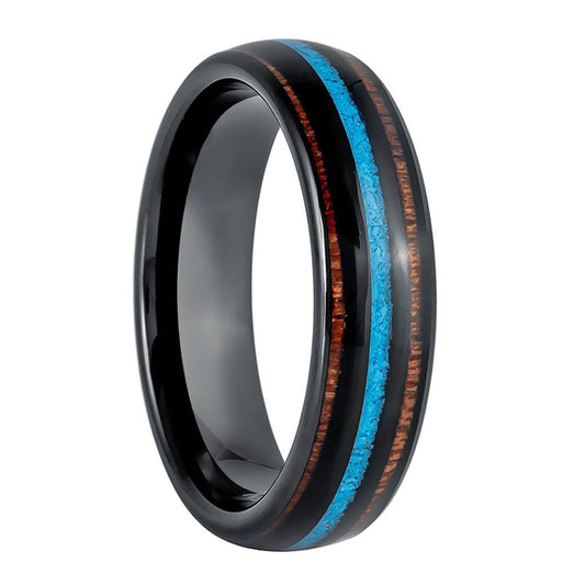 Turquoise & Koa Wood Inlay Black Tungsten Women's Wedding Band