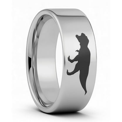 One Tyrannosaurus Rex Dinosaur Tungsten Men's Wedding Band displayed on a plain white background