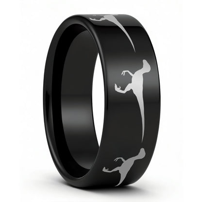 One Velociraptor Dinosaur Black Tungsten Men's Wedding Band displayed on a plain white background