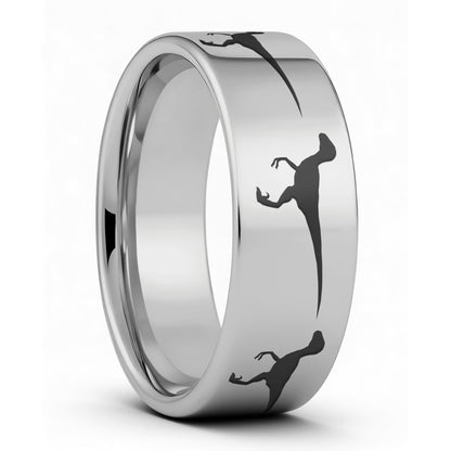 One Velociraptor Dinosaur Tungsten Men's Wedding Band displayed on a plain white background