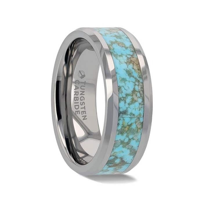 Tungsten Men's Wedding Band with Light Turquoise Spider Web Inlay
