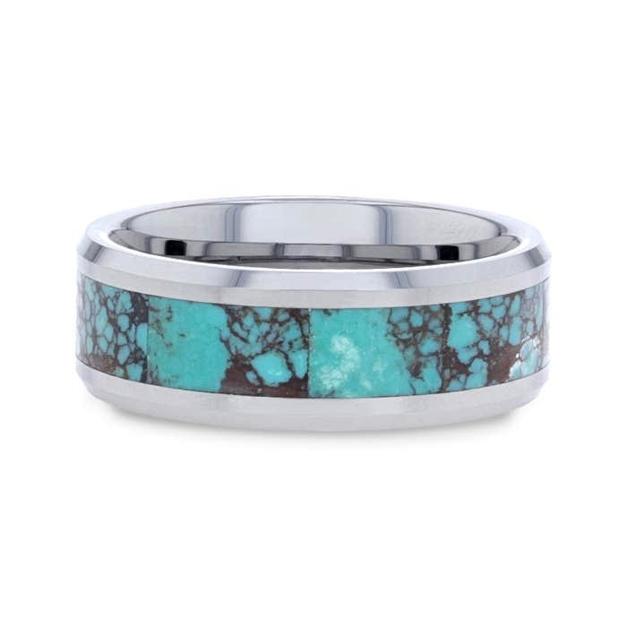 Tungsten Men's Wedding Band with Turquoise Spider Web Inlay