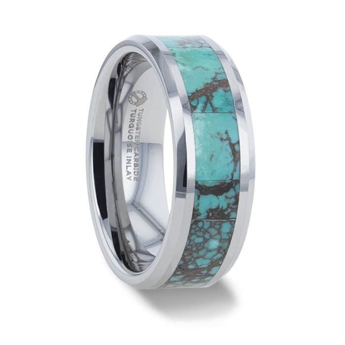 Tungsten Men's Wedding Band with Turquoise Spider Web Inlay