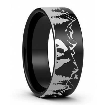 Wolf Landscape Scene Tungsten Men's Wedding Band