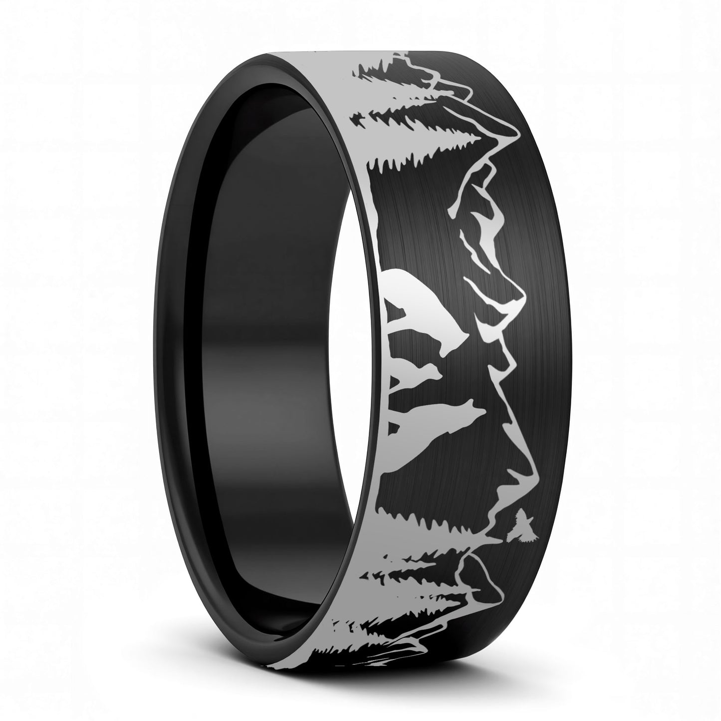 A wolf landscape scene brushed black tungsten men's wedding band displayed on a plain white background.