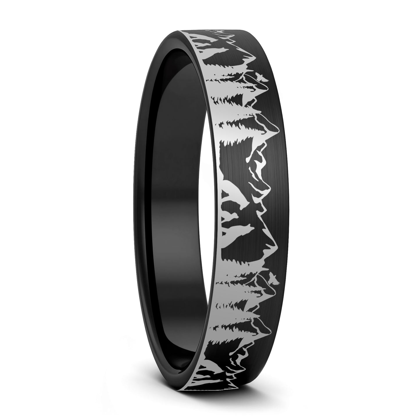 A wolf landscape scene brushed black tungsten women's wedding band displayed on a plain white background.