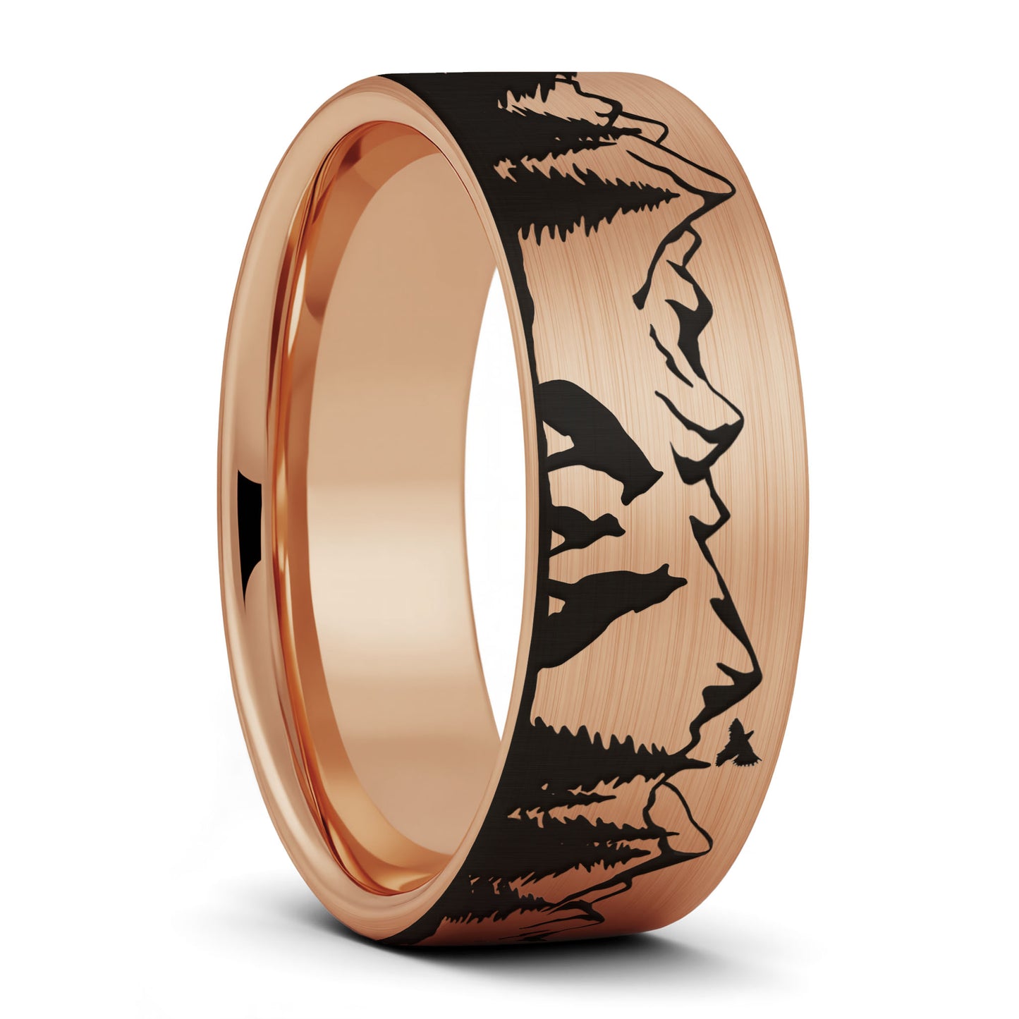 A wolf landscape scene brushed rose gold tungsten men's wedding band displayed on a plain white background.