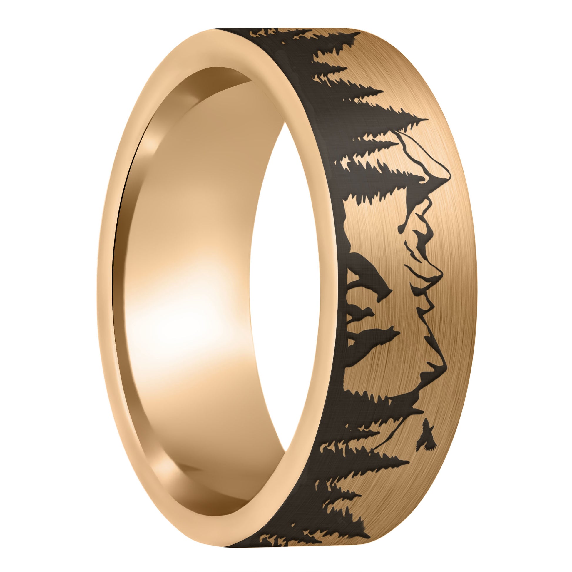 A wolf landscape scene brushed rose gold tungsten men's wedding band displayed on a plain white background.