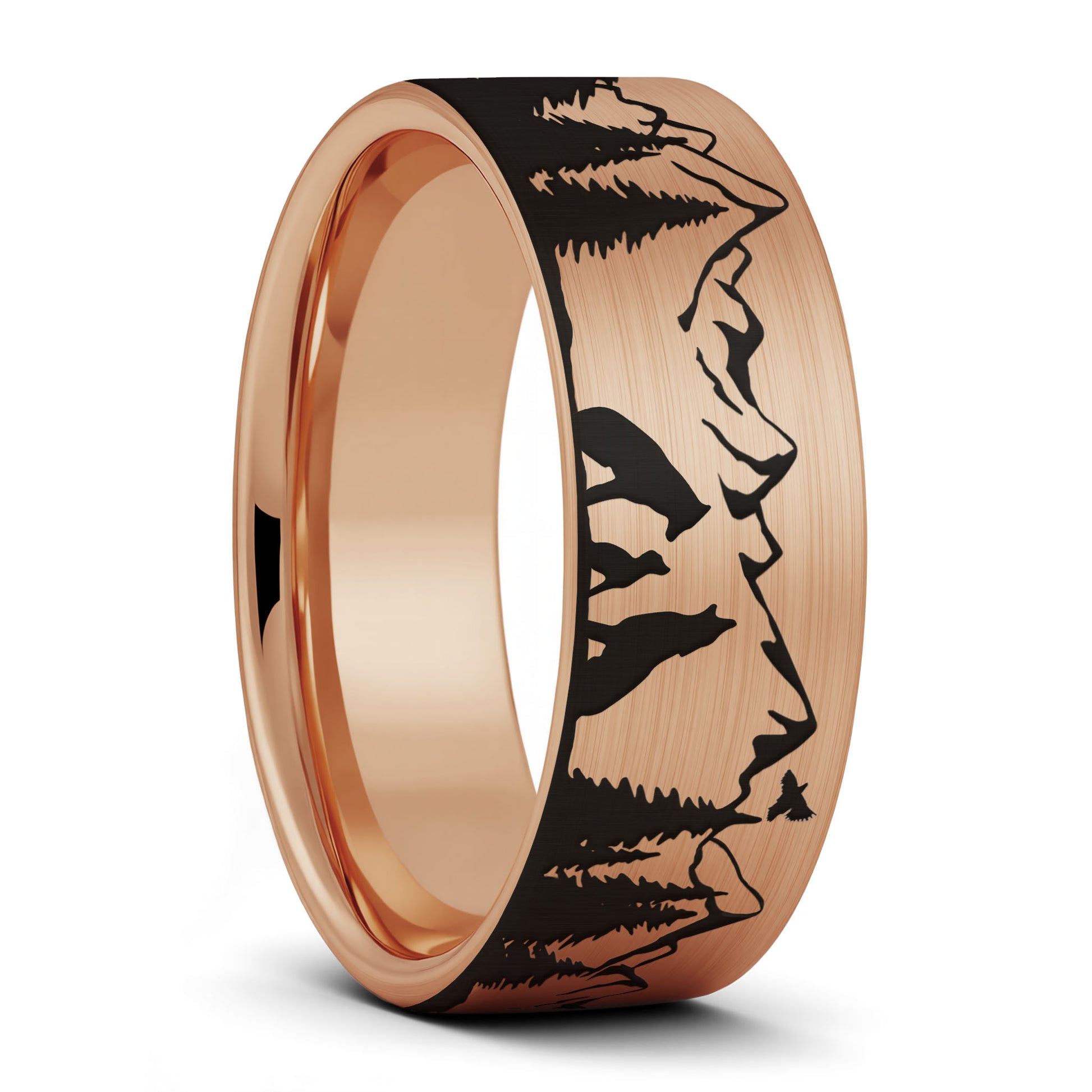 A wolf landscape scene brushed rose gold tungsten men's wedding band displayed on a plain white background.